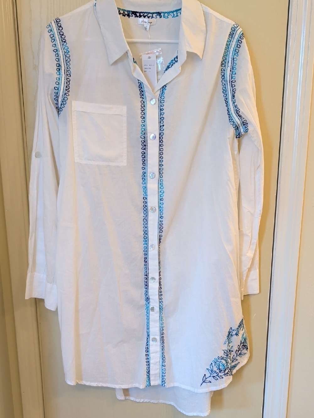 Mirror Image Coastal Tunic Size L | White Blue Embroidered Cotton Cover Up NWT